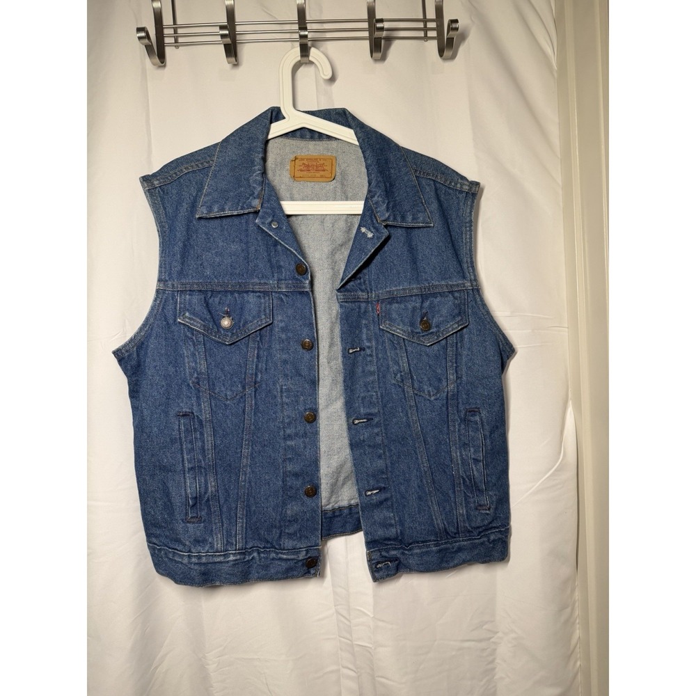 Vtg 80s Levis Type 3 Denim Trucker Vest 60514-0214 Size L Made in USA Dark Wash